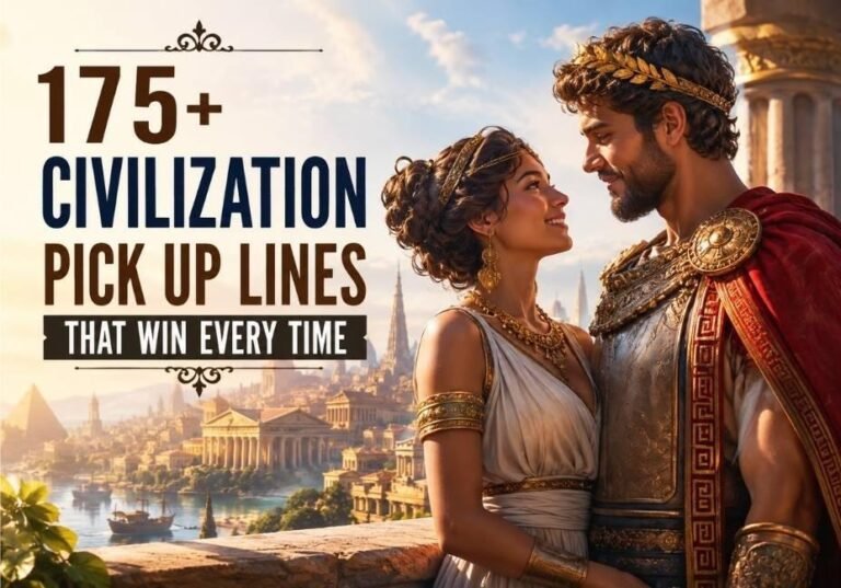 175+ Civilization Pick Up Lines That Win Every Time featured image with a romantic ancient civilization couple, historic landmarks, and a realistic cinematic background representing clever Civilization Pick Up Lines.