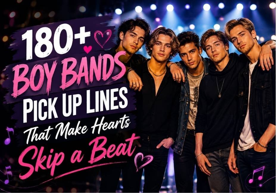 180+ Boy Bands Pick Up Lines that make hearts skip a beat, featuring a stylish boy band performing under vibrant concert lights