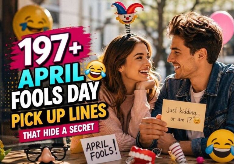 197+ April Fools Day Pick Up Lines That Hide a Secret – funny romantic couple celebrating April Fools Day with playful pickup lines and prank props