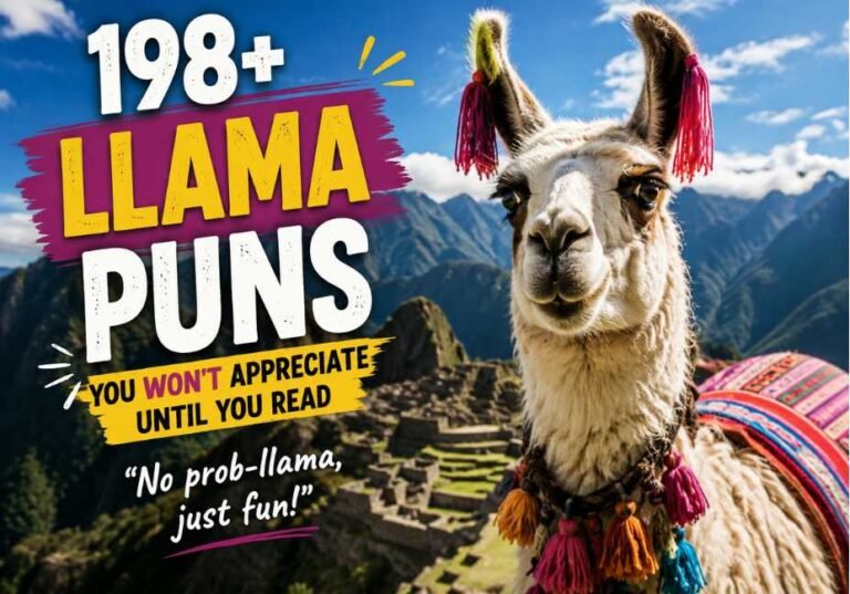 198+ Llama Puns You Won't Appreciate Until You Read featured image showing a realistic fluffy llama in a breathtaking mountain landscape with colorful traditional accessories, bold premium typography, and the funny quote