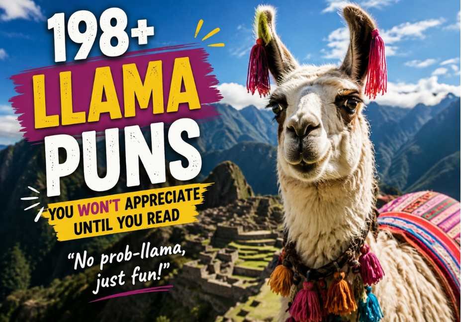 198+ Llama Puns You Won't Appreciate Until You Read featured image showing a realistic fluffy llama in a breathtaking mountain landscape with colorful traditional accessories, bold premium typography, and the funny quote