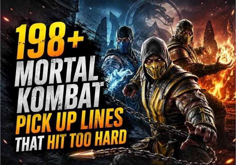 198+ Mortal Kombat Pick Up Lines That Hit Too Hard featured image with fierce masked warriors in a dramatic battle arena, cinematic lighting, fire and ice effects, realistic action scene, and bold gaming-inspired design.
