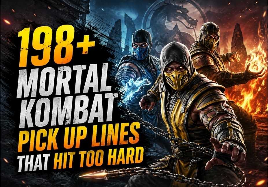 198+ Mortal Kombat Pick Up Lines That Hit Too Hard featured image with fierce masked warriors in a dramatic battle arena, cinematic lighting, fire and ice effects, realistic action scene, and bold gaming-inspired design.