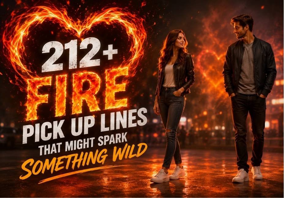 212+ Fire Pick Up Lines That Might Spark Something Wild – romantic fire-themed pickup lines with a flirtatious couple and glowing flames.