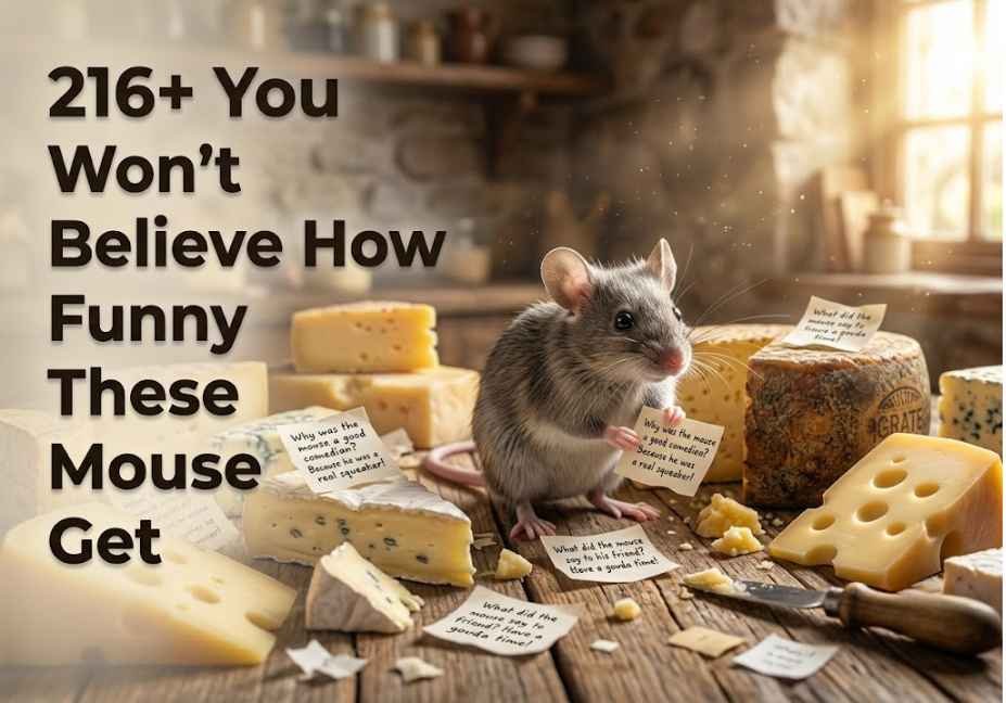 216+ You Won't Believe How Funny These Mouse Puns Get, showing a realistic gray mouse surrounded by cheese and joke notes on a rustic table with cinematic lighting