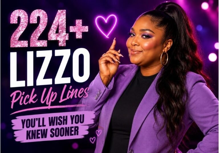 224+ Lizzo Pick Up Lines You’ll Wish You Knew Sooner featured image with Lizzo-inspired glamorous purple outfit and playful heart-themed background