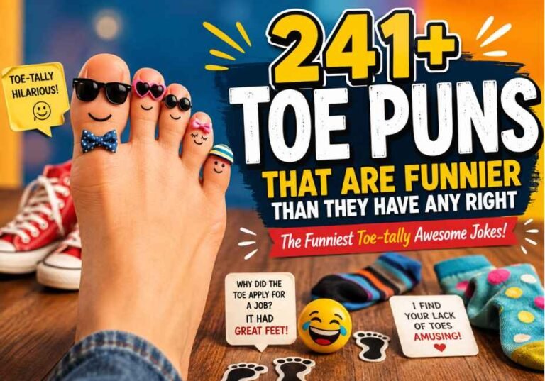 Featured image for 241+ Toe Puns That Are Funnier Than They Have Any Right featuring realistic toes with funny accessories, playful footwear, colorful studio background, and bold typography, designed as a humorous toe puns blog featured image.