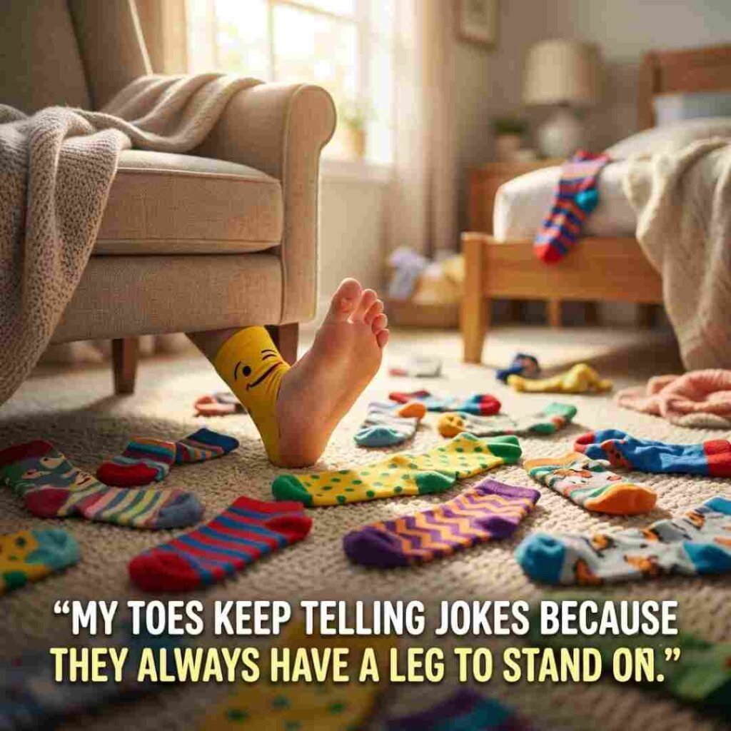Funny toe puns image with playful feet and socks featuring the quote about toes always having a leg to stand on.