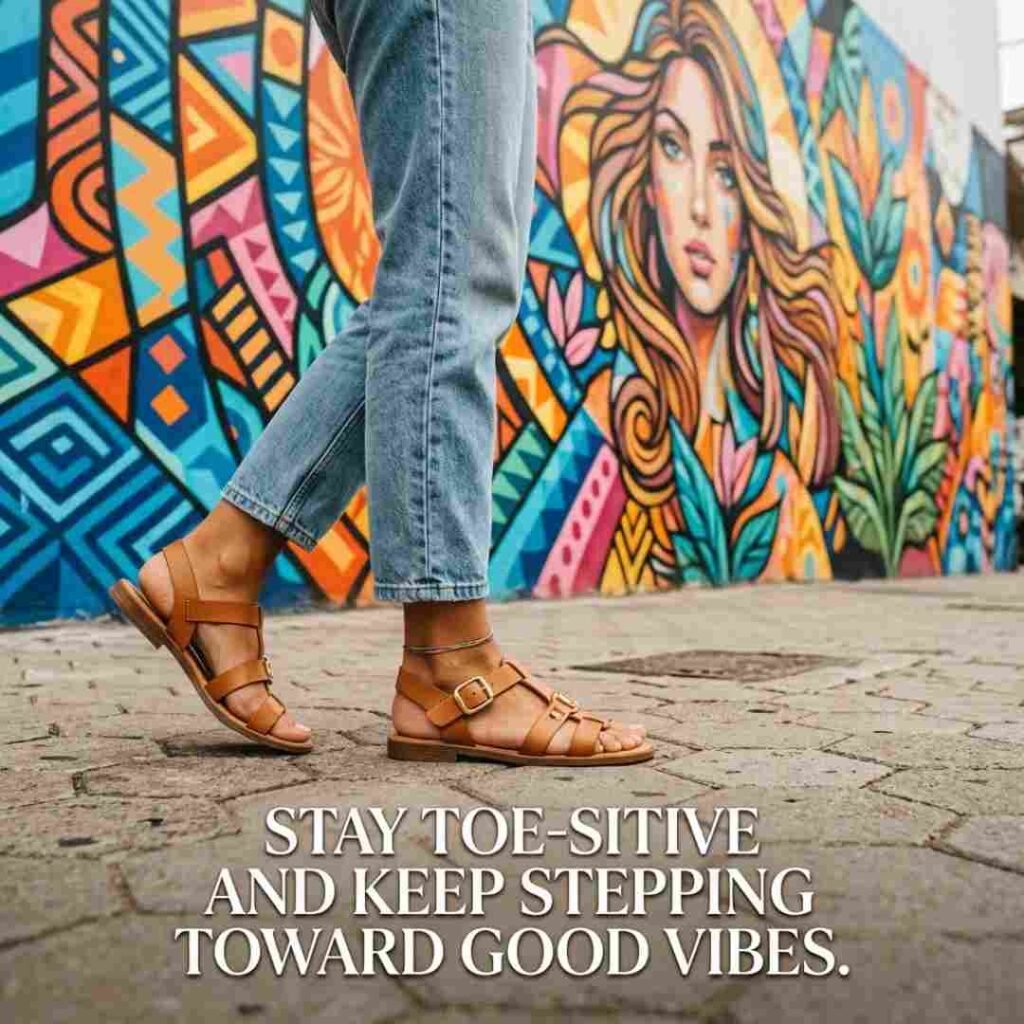 Toe puns for Instagram captions image featuring stylish sandals and colorful urban background with a positive toe pun quote.