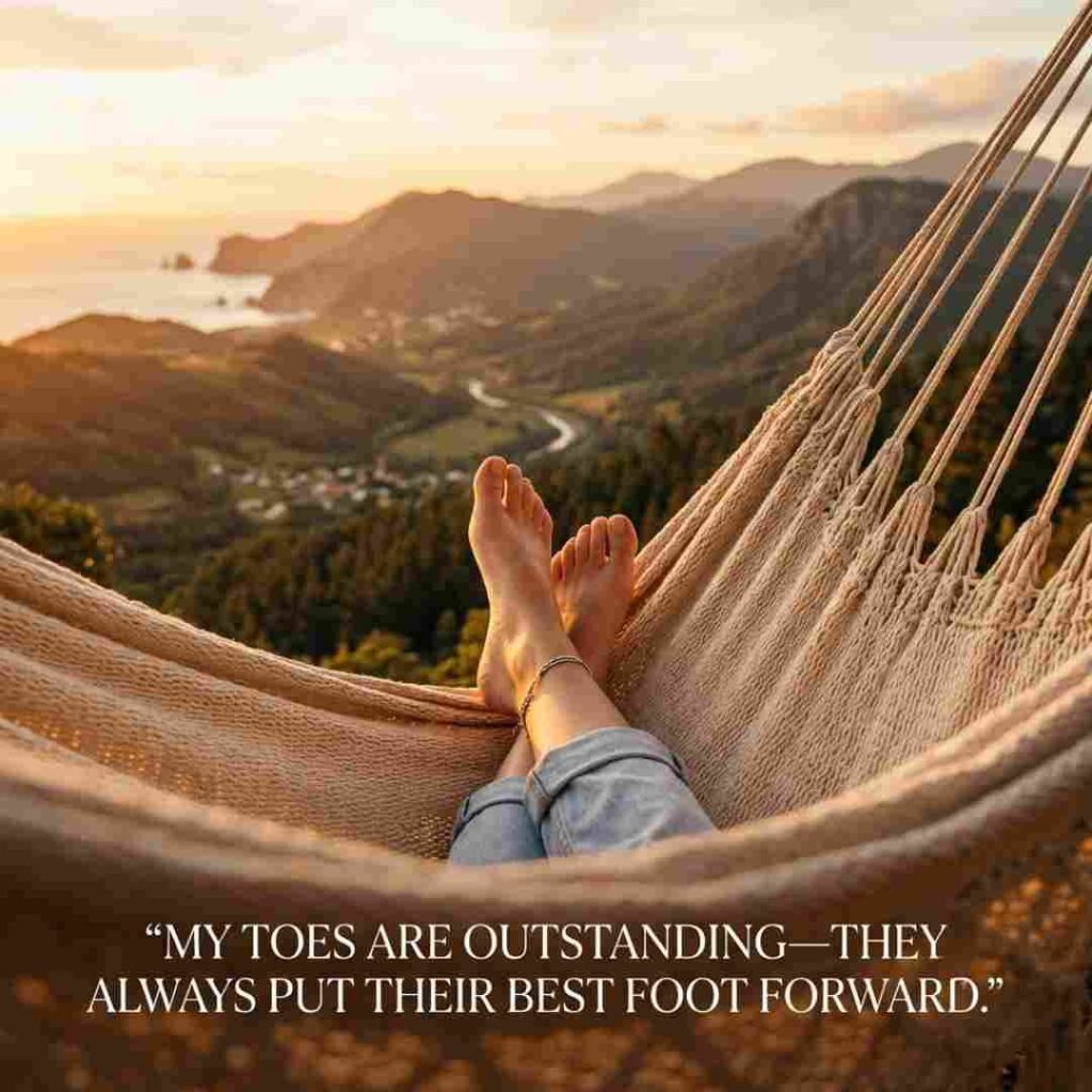 Toe puns one liner image showing feet relaxing in a hammock with the quote about putting your best foot forward.