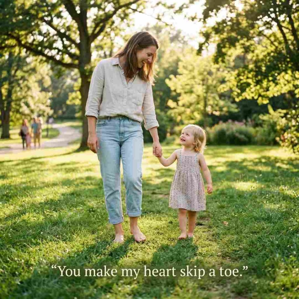 Cute toe puns image featuring a family walking barefoot on grass with the quote You make my heart skip a toe.
