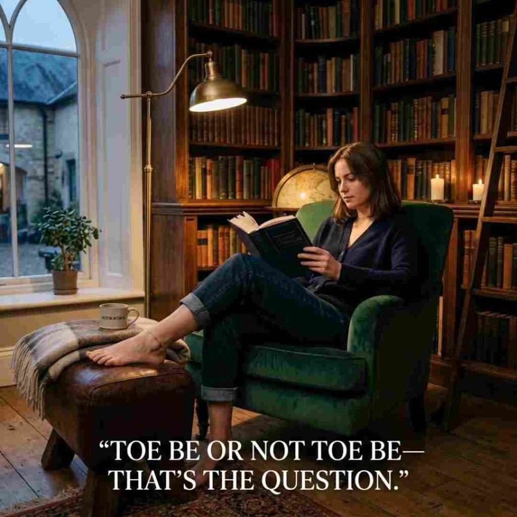 Clever toe puns image with barefoot reader in a cozy library featuring the quote Toe be or not toe be.