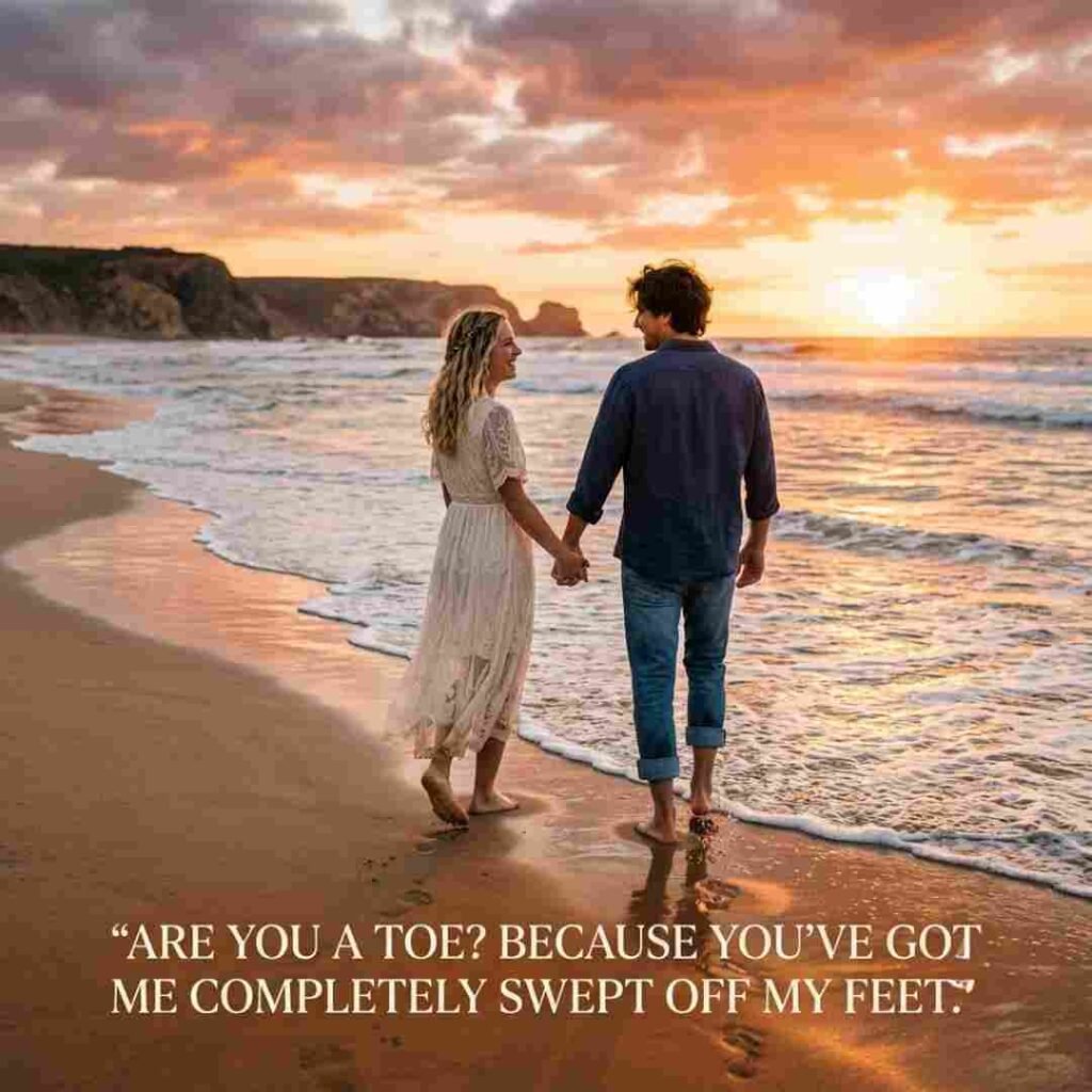 Toe puns about love image showing a barefoot couple on a sunset beach with a romantic toe pickup line.