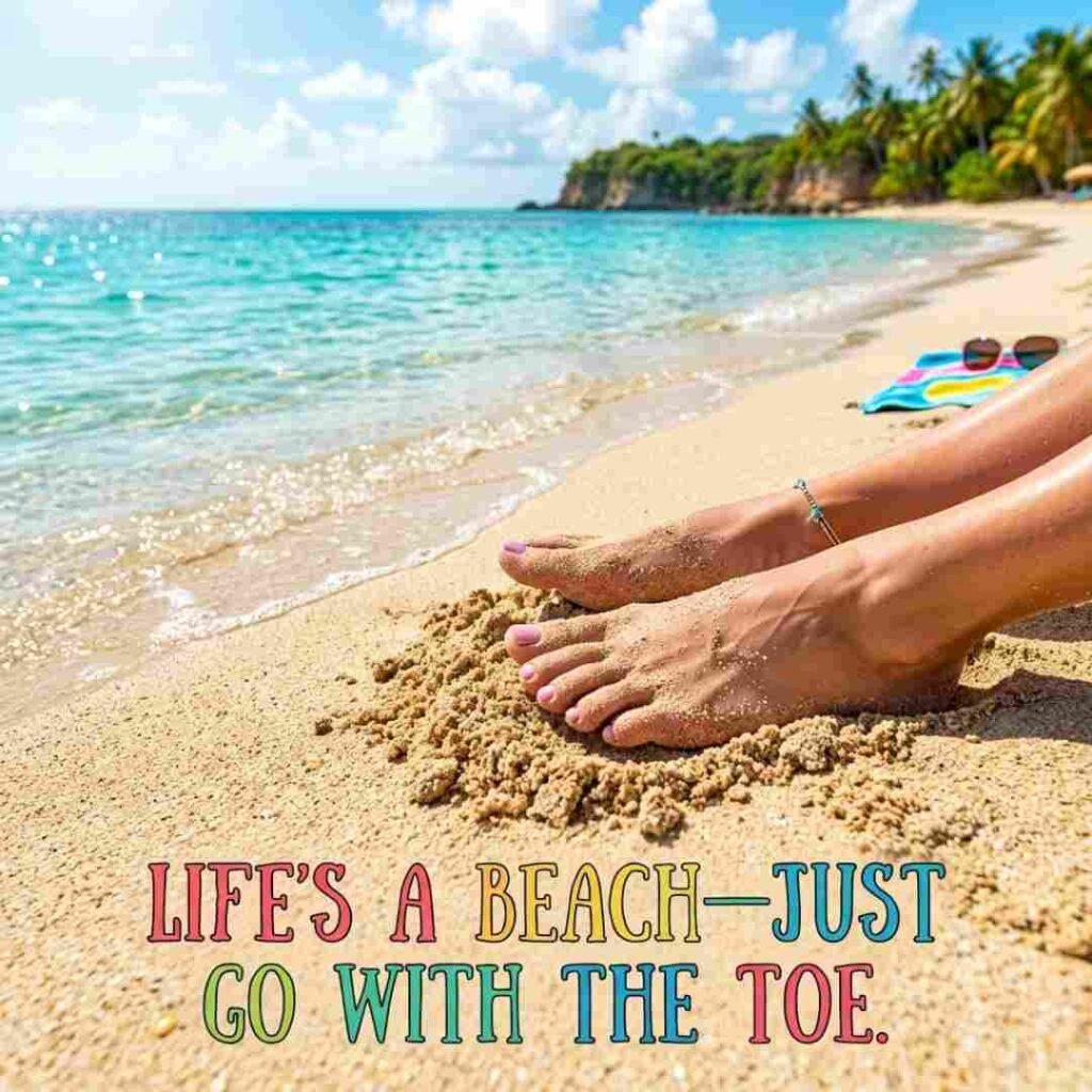 Beach and summer toe puns image featuring sandy feet by the ocean with the quote Life’s a beach just go with the toe.