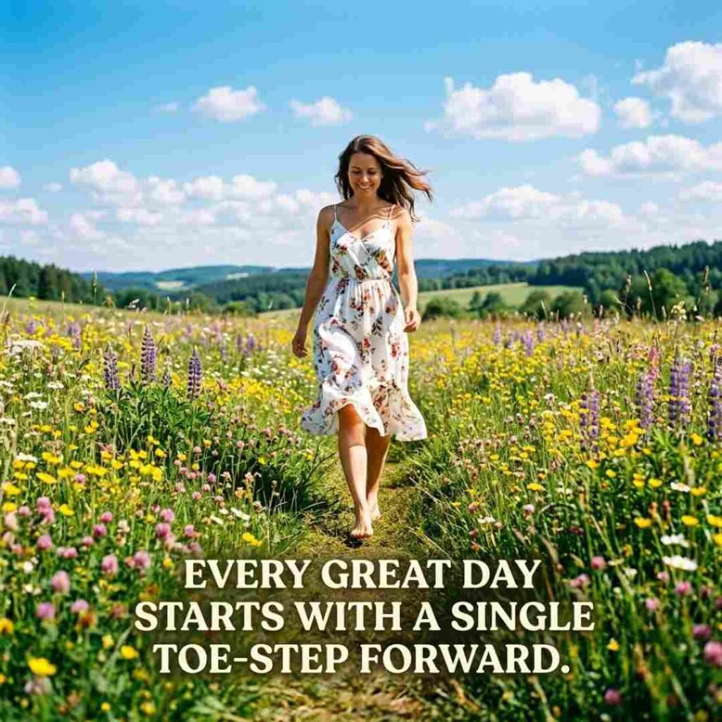 Mood boosting toe puns image featuring barefoot walking through a sunny flower meadow with an inspirational toe quote.