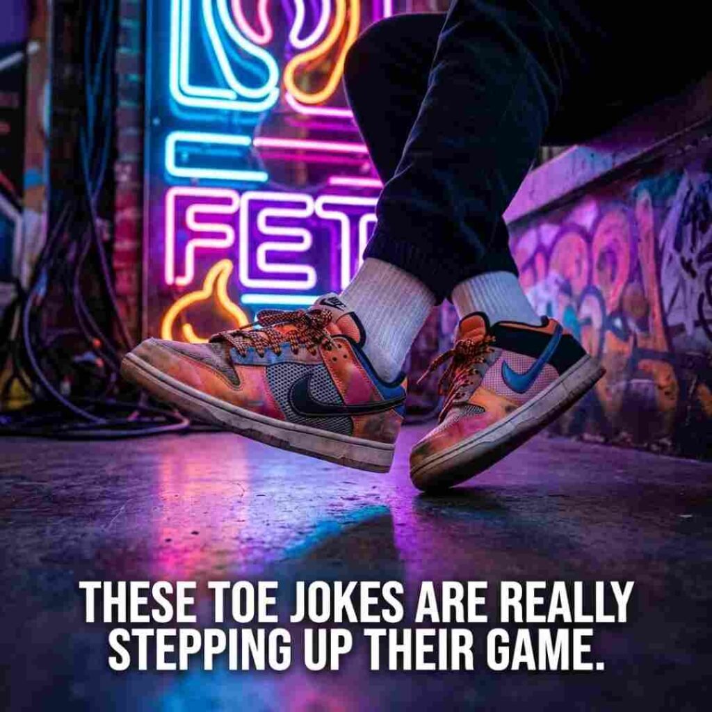 Trending toe puns image with stylish sneakers and neon lighting featuring the quote These toe jokes are really stepping up their game.