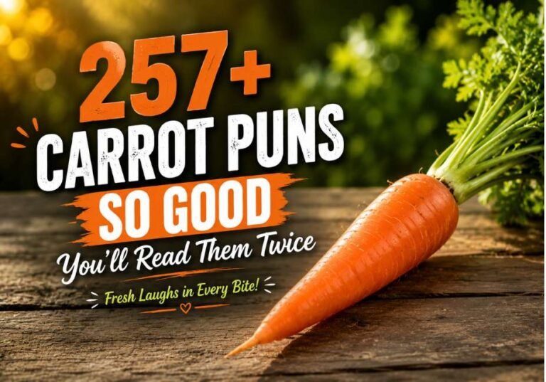 257+ carrot puns featured image showing a single fresh carrot on a rustic wooden table with a blurred garden background, warm golden-hour lighting, and the title "257+ Carrot Puns So Good You'll Read Them Twice
