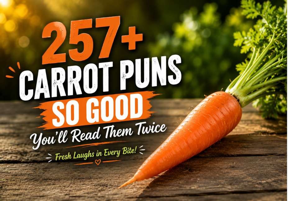 257+ carrot puns featured image showing a single fresh carrot on a rustic wooden table with a blurred garden background, warm golden-hour lighting, and the title "257+ Carrot Puns So Good You'll Read Them Twice