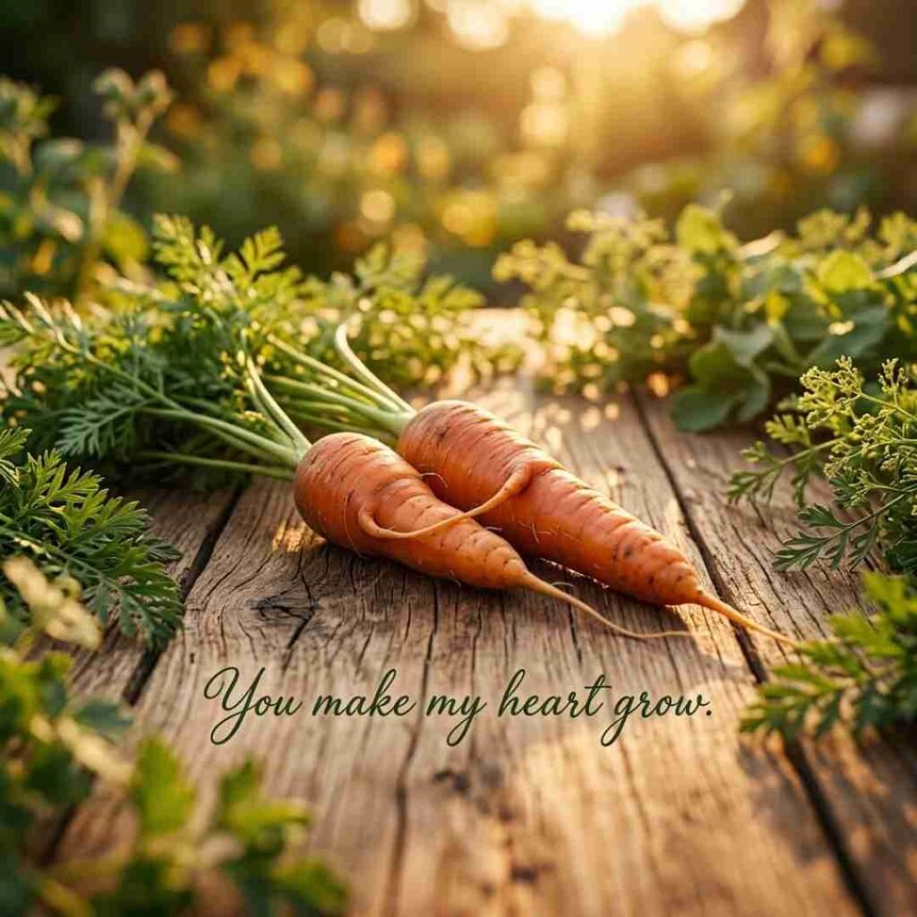 Carrot puns love image showing two fresh carrots together with the quote "You make my heart grow" in a romantic garden setting, optimized for SEO, AEO, GEO, and Google Images.