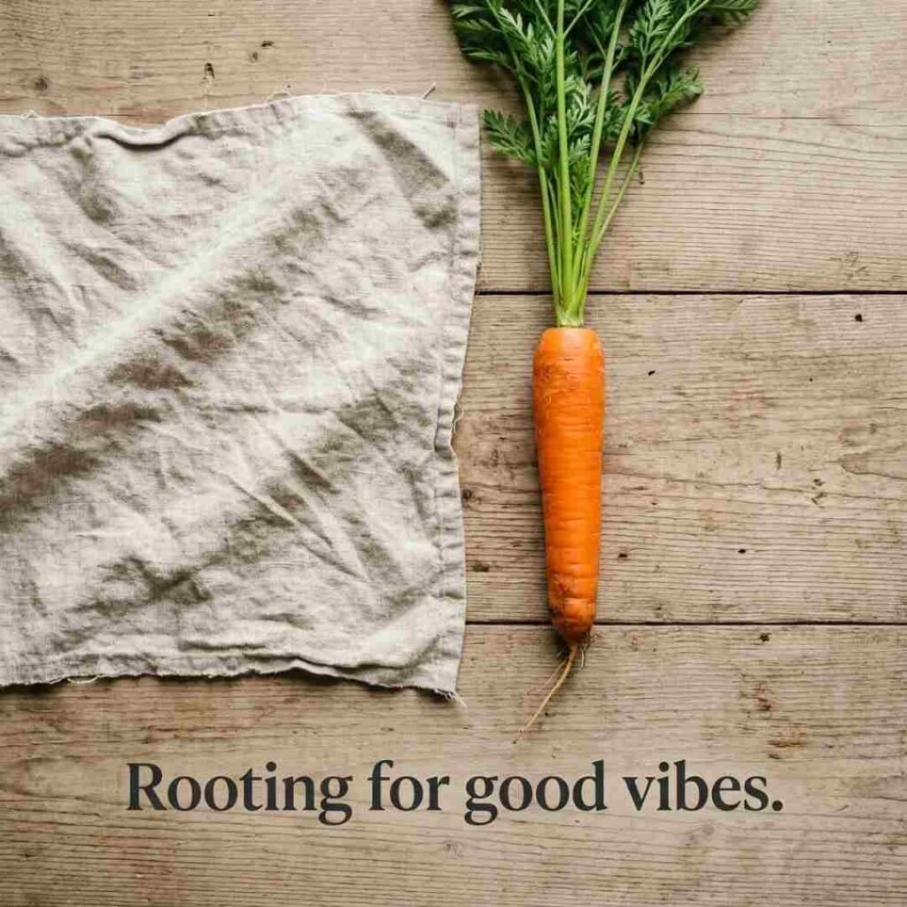 Carrot puns for Instagram image showing a fresh carrot with the quote "Rooting for good vibes" in a modern minimalist photography style
