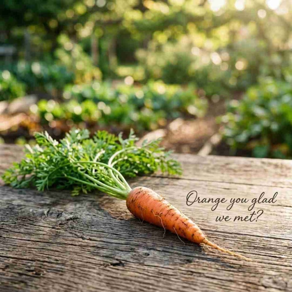 Carrot puns image featuring a fresh carrot on a rustic wooden table with the quote "Orange you glad we met?" in a realistic garden setting, optimized for SEO, AEO, GEO, Google Images, and Pinterest.