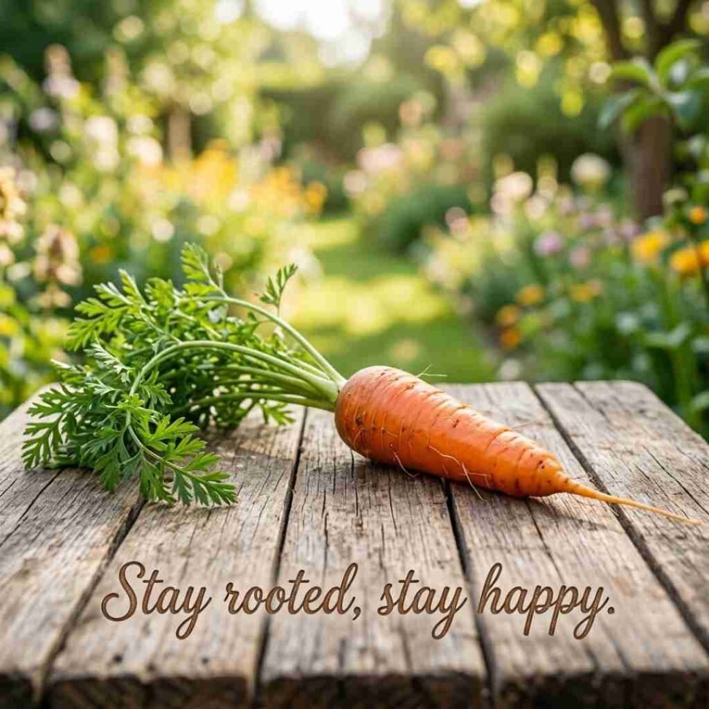 Cute carrot puns image featuring a fresh carrot with the quote "Stay rooted, stay happy" in a bright natural garden scene optimized for SEO, AEO, GEO, and image search.