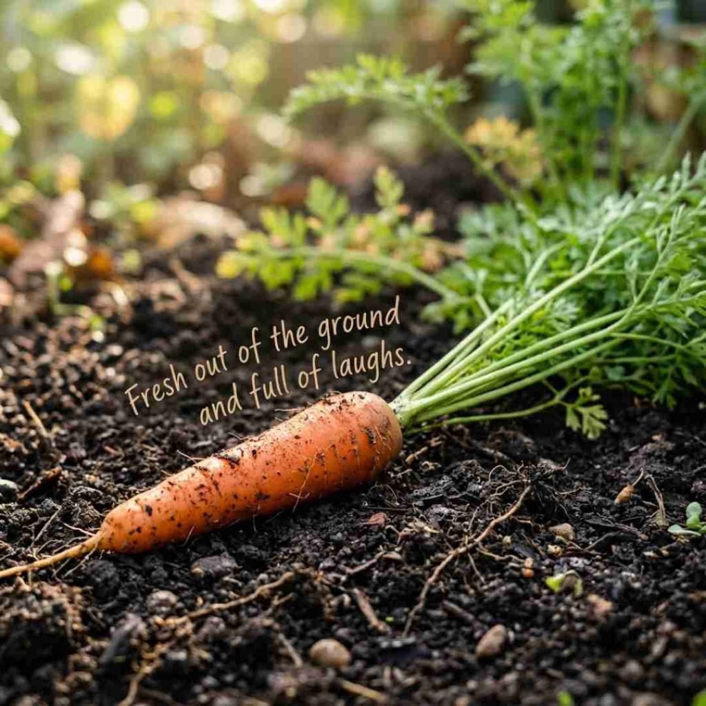 Funny carrot puns image featuring a freshly harvested carrot with the quote "Fresh out of the ground and full of laughs" optimized for SEO, GEO, AEO, and Google Images.