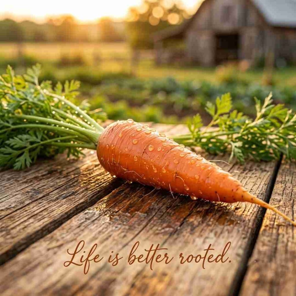 Short carrot puns image showing a fresh carrot with the quote "Life is better rooted" in realistic macro photography optimized for SEO, AEO, GEO, and Pinterest.