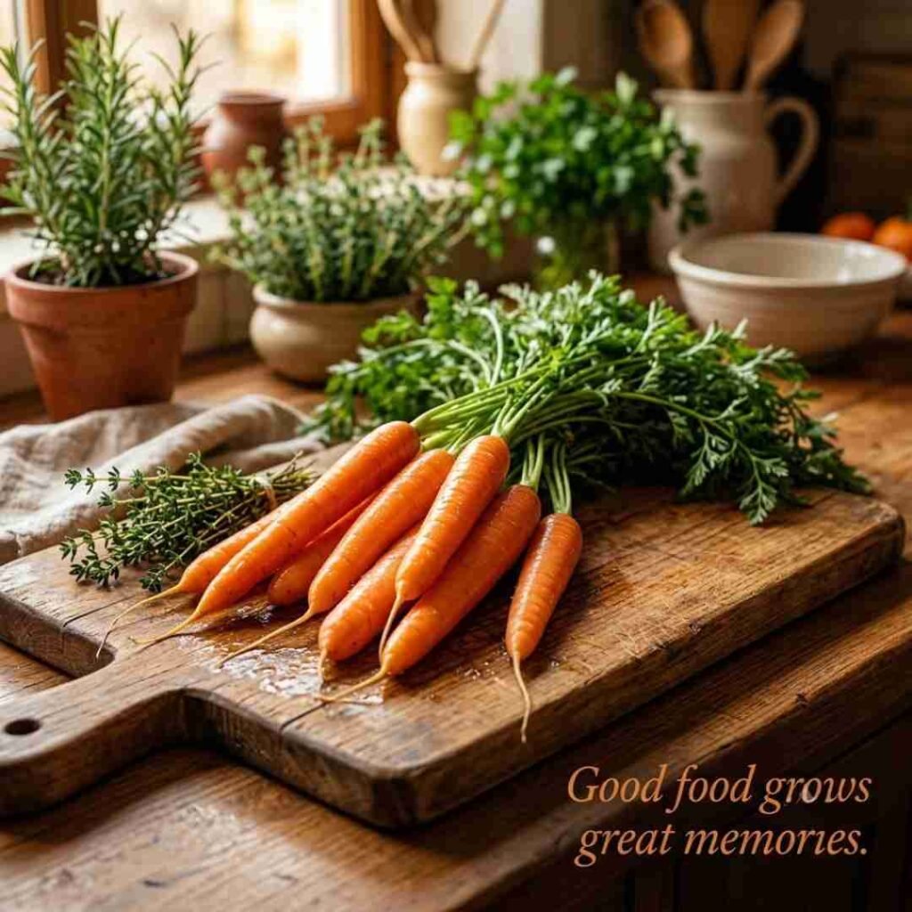Carrot puns image for food lovers showing fresh carrots on a wooden cutting board with the quote "Good food grows great memories" optimized for SEO, AEO, GEO, and Google Images.