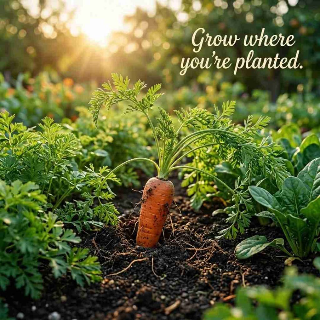 Carrot puns image for gardeners featuring a fresh carrot growing in rich soil with the quote "Grow where you're planted" optimized for SEO, AEO, GEO, and image search.
