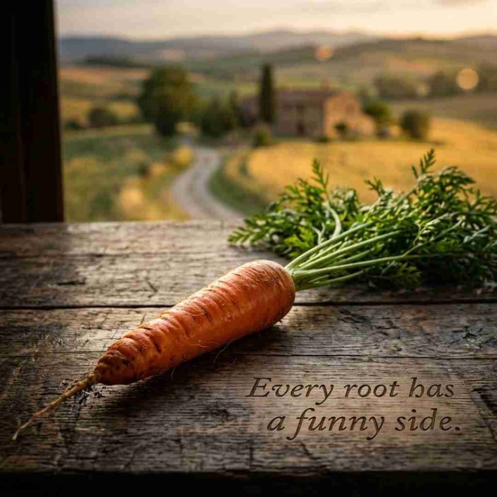 Best carrot puns image featuring a premium fresh carrot with the quote "Every root has a funny side" optimized for SEO, AEO, GEO, Google Images, and Pinterest.
