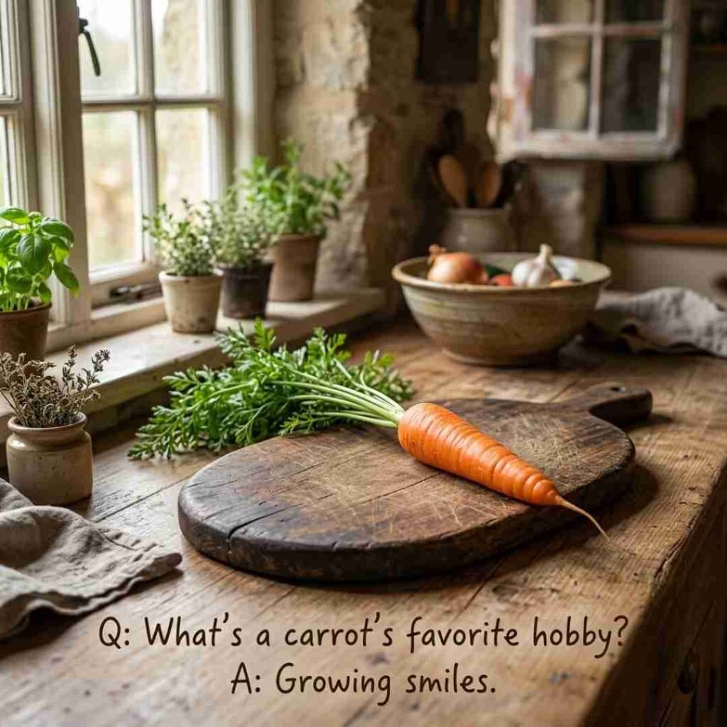Carrot puns Q&A joke image featuring a fresh carrot with the quote "What's a carrot's favorite hobby? Growing smiles." in a realistic rustic kitchen scene optimized for SEO, AEO, GEO, and Google Images.
