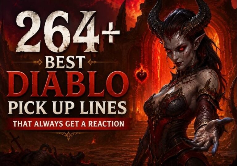 264+ Best Diablo Pick Up Lines That Always Get a Reaction featured image with a dark fantasy demon character, fiery hellscape background, cinematic lighting, and bold gaming-inspired design.