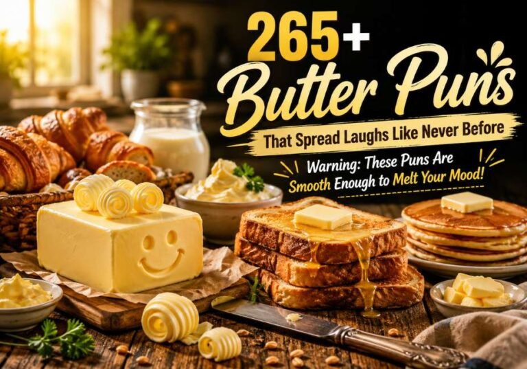 265+ Butter Puns That Spread Laughs Like Never Before, featuring realistic creamy butter on warm toast, buttery croissants, pancakes, butter curls, and a rustic breakfast table with premium food photography, creating an engaging blog featured image for Butter Puns with cinematic lighting and a cheerful tagline