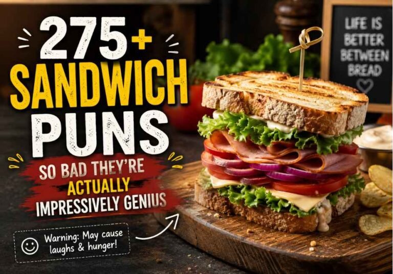 275+ Sandwich Puns So Bad They're Actually Impressively Genius, featuring a realistic stacked deli sandwich with toasted bread, fresh lettuce, tomatoes, cheese, onions, and deli meat on a rustic wooden board in a cozy café setting, with bold typography, a playful food-themed tagline, cinematic lighting, and a premium photography-style design optimised for blog readers and search engines.