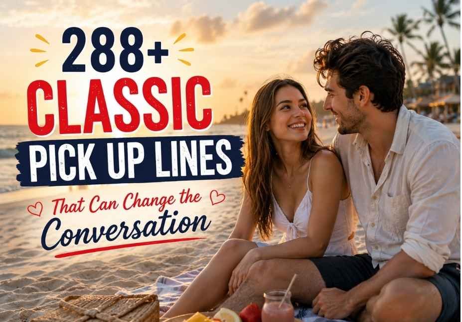 288+ Classic Pick Up Lines featured on a beach at sunset, with a smiling couple enjoying a natural conversation by the ocean.