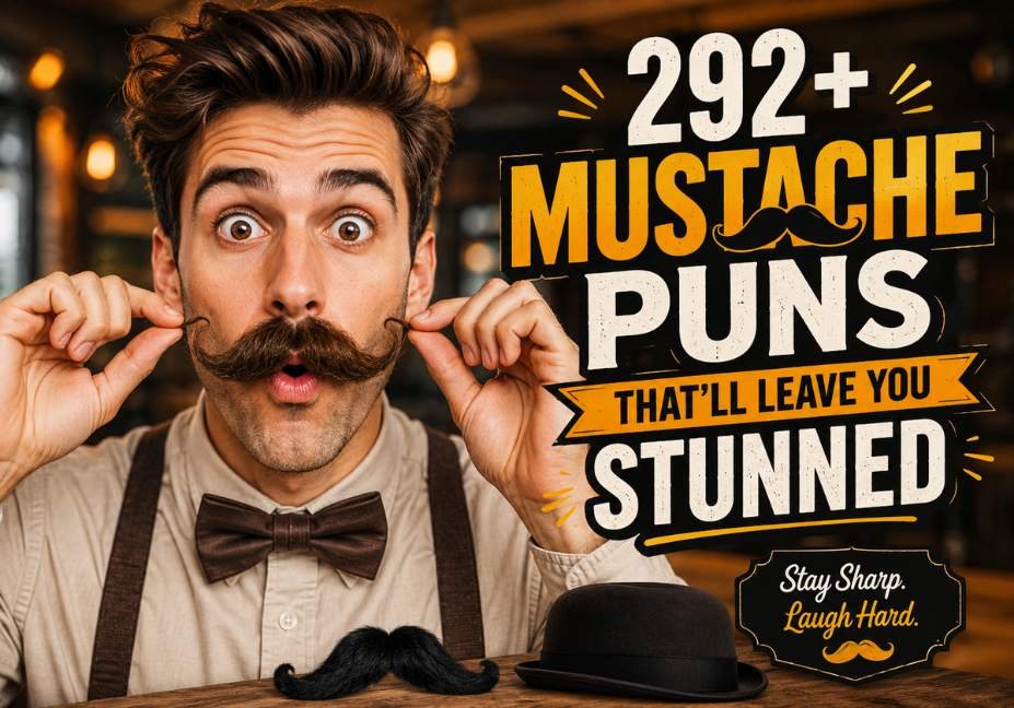 292+ mustache puns that’ll leave you stunned, featuring a surprised man with a curled mustache, vintage hat, and bold typography in a warm, cinematic setting.