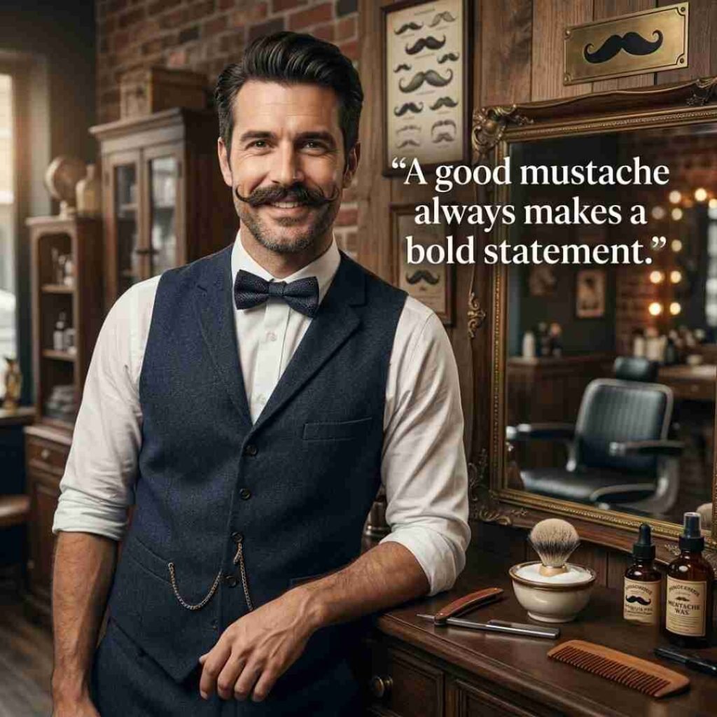 Clever mustache puns featuring a man grooming a handlebar mustache with the humorous quote “Life is better when you make a little whisker.”