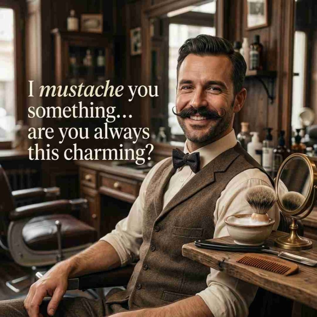 Mustache puns one liner featuring a stylish man with a curled mustache and the quote “You mustache me twice—I’m still smiling” in a vintage barbershop.
