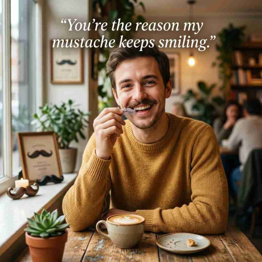 Cute mustache puns featuring a smiling man in a cozy café with the playful message “You’re simply whisker than wonderful.”