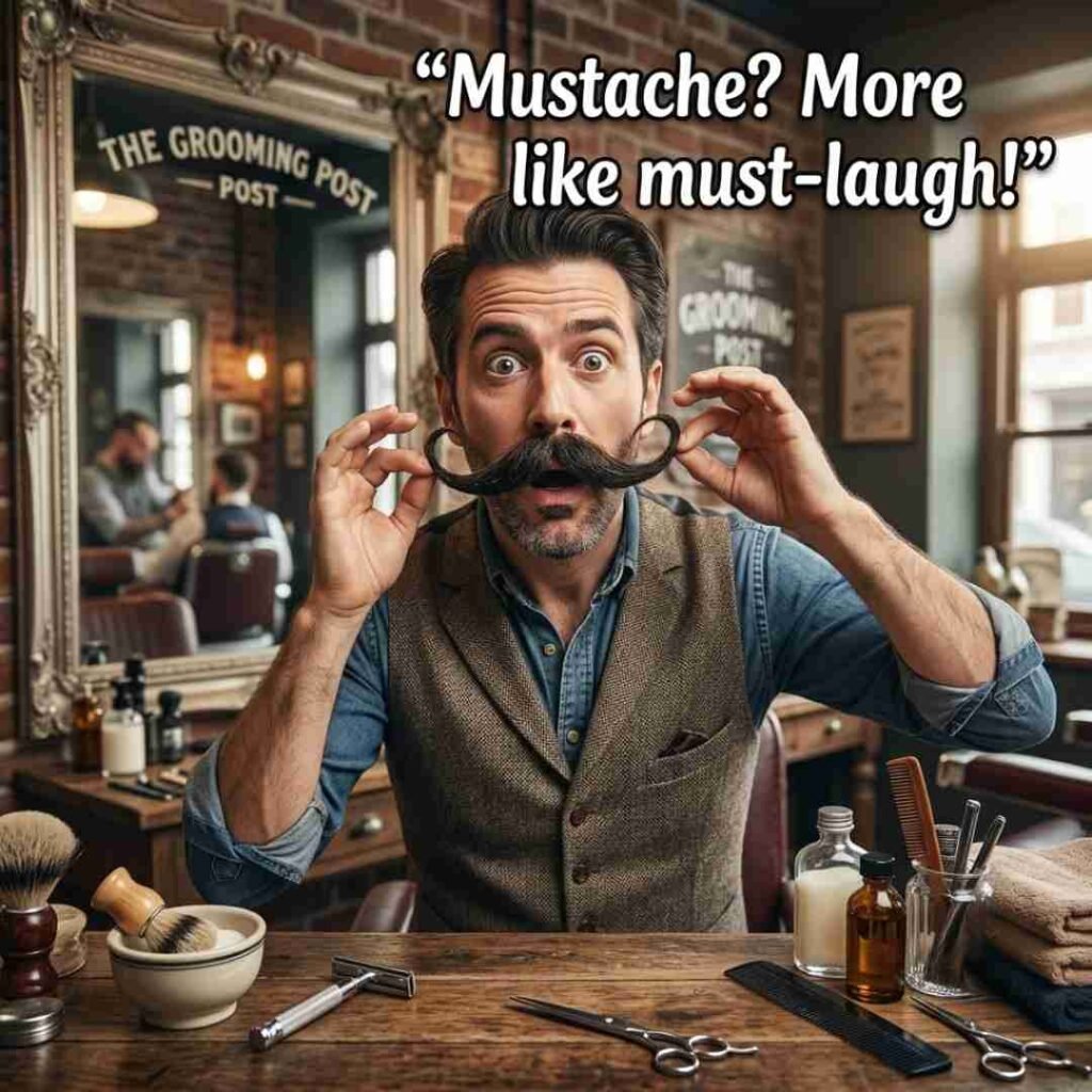 Short funny mustache puns featuring a surprised man twirling a handlebar mustache with the joke “Whisker? I barely know her!”