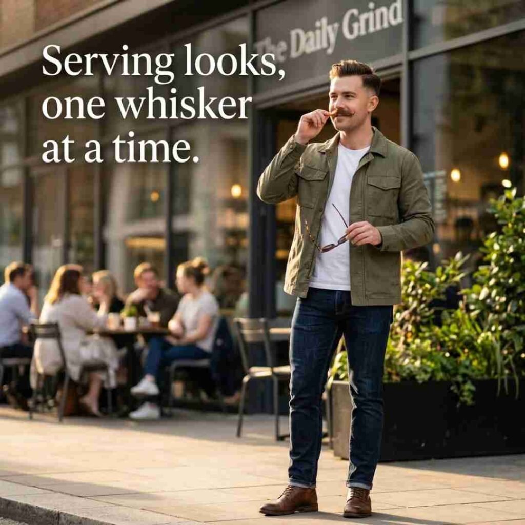 Clever mustache puns for Instagram featuring a stylish person with a groomed mustache and the quote “Stay classy, keep it whisker-worthy.”