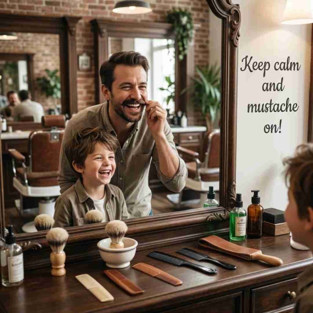 Clean and family-friendly mustache jokes featuring a father and child laughing together with a playful mustache message.