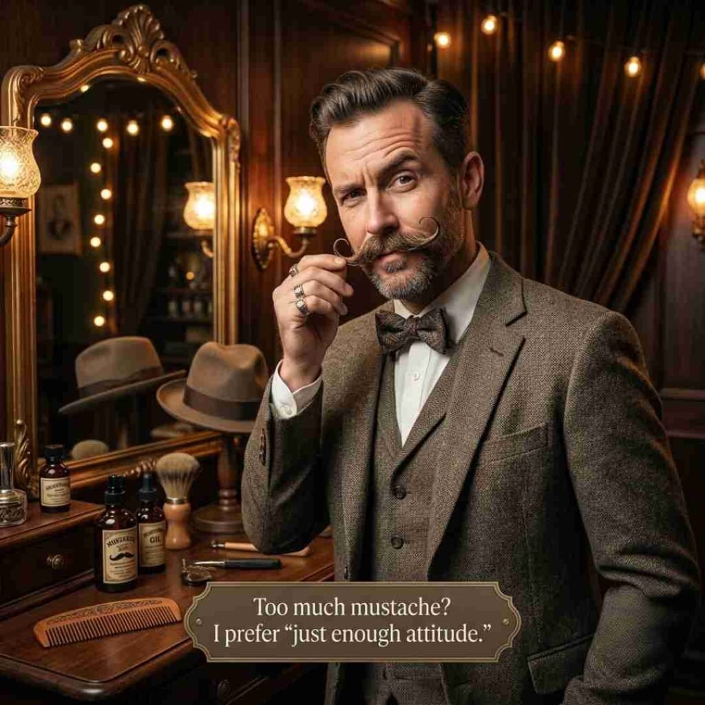 Silly and sassy mustache wordplay featuring a person with a dramatic curled mustache and the playful quote “I’m not being sassy—my mustache started it.”