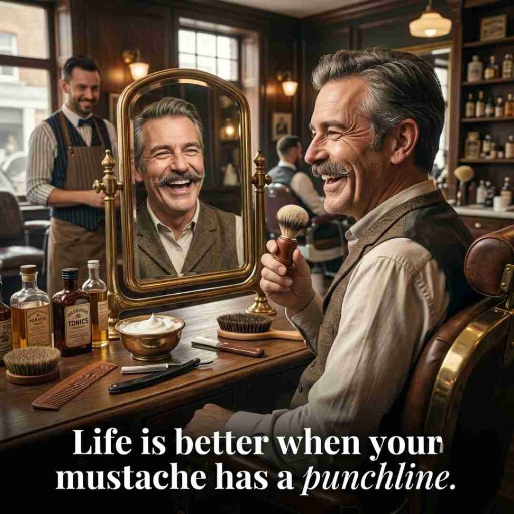 Punny mustache quotes featuring a charismatic man with a vintage mustache in a classic barbershop with a humorous mustache quote.