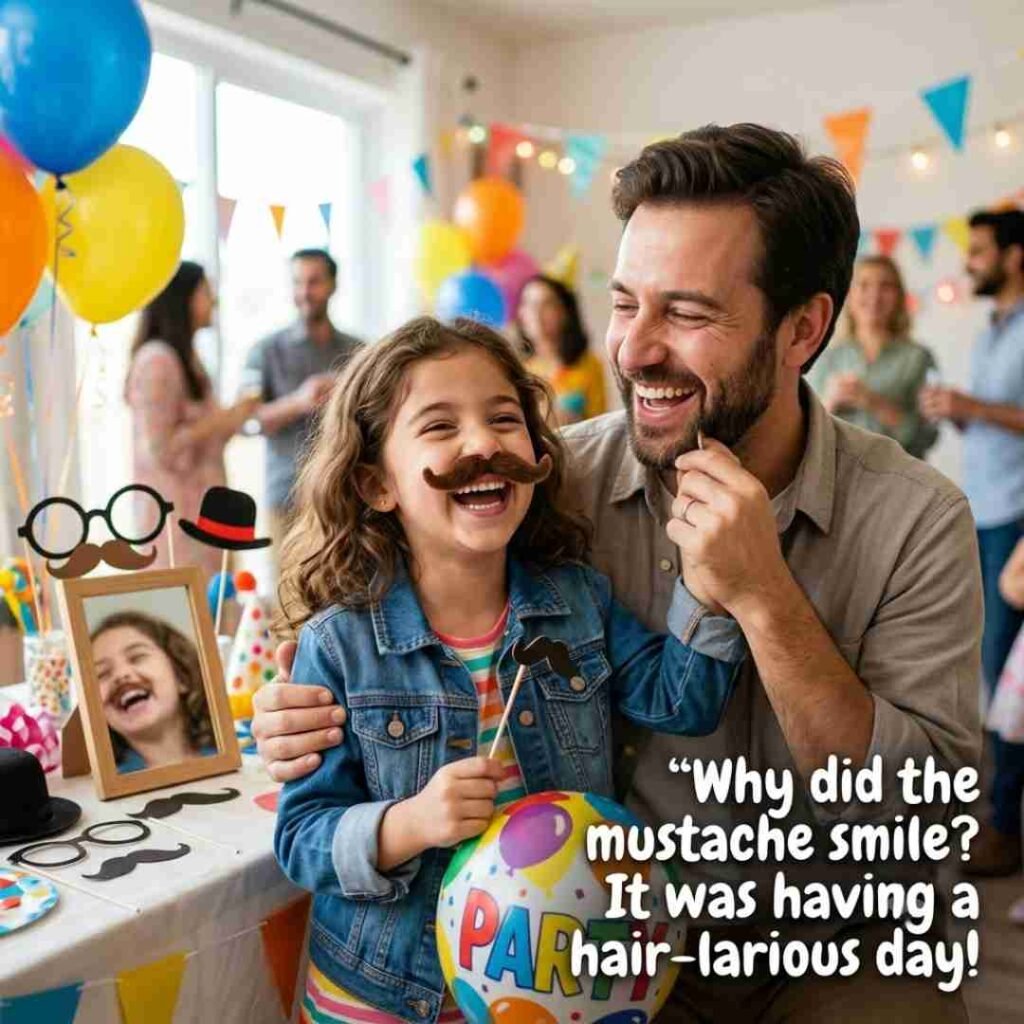 Mustache jokes for kids featuring two children laughing with playful mustache props and a family-friendly mustache joke.