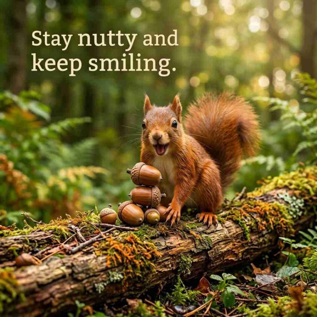 Funny squirrel puns image showing a realistic squirrel balancing acorns in a sunny woodland with the quote, "Stay nutty and keep smiling."