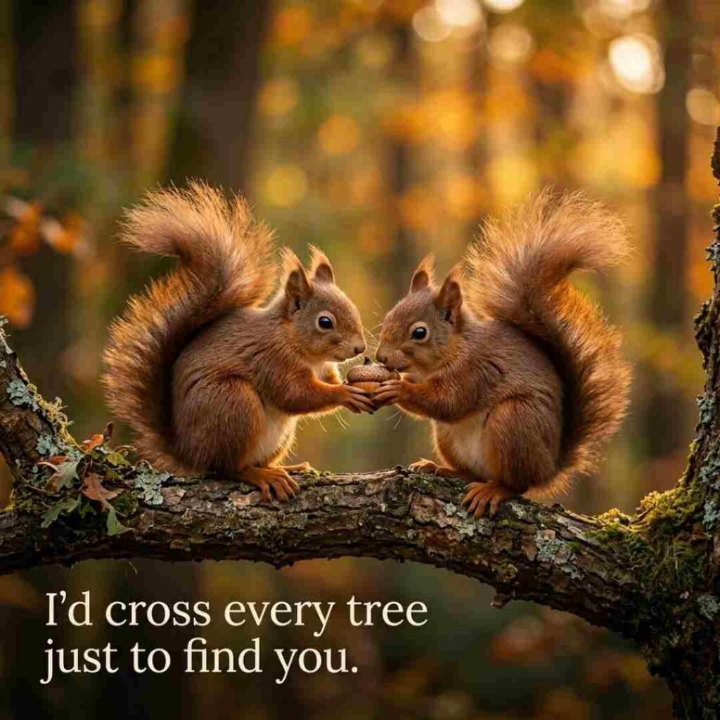 Romantic squirrel puns image showing two realistic squirrels sharing an acorn at sunset with the pickup line, "I'd cross every tree just to find you."