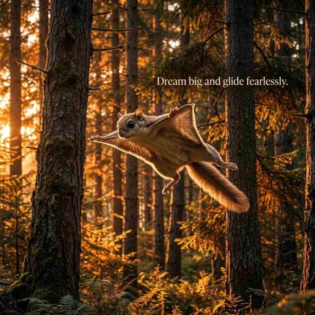 Flying squirrel puns image featuring a realistic flying squirrel gliding through pine trees with the inspirational quote, "Dream big and glide fearlessly."