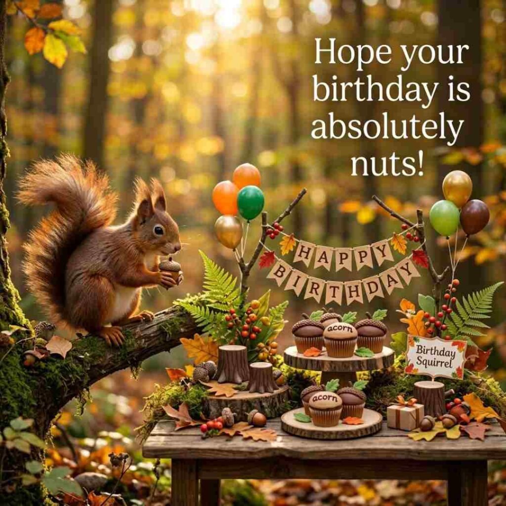 Squirrel birthday puns image showing a realistic squirrel celebrating with woodland decorations and the birthday wish, "Hope your birthday is absolutely nuts."